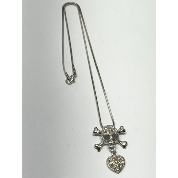 Vintage rhinestone skull and bone heart charm snake chain necklace - Picture 2 of 5